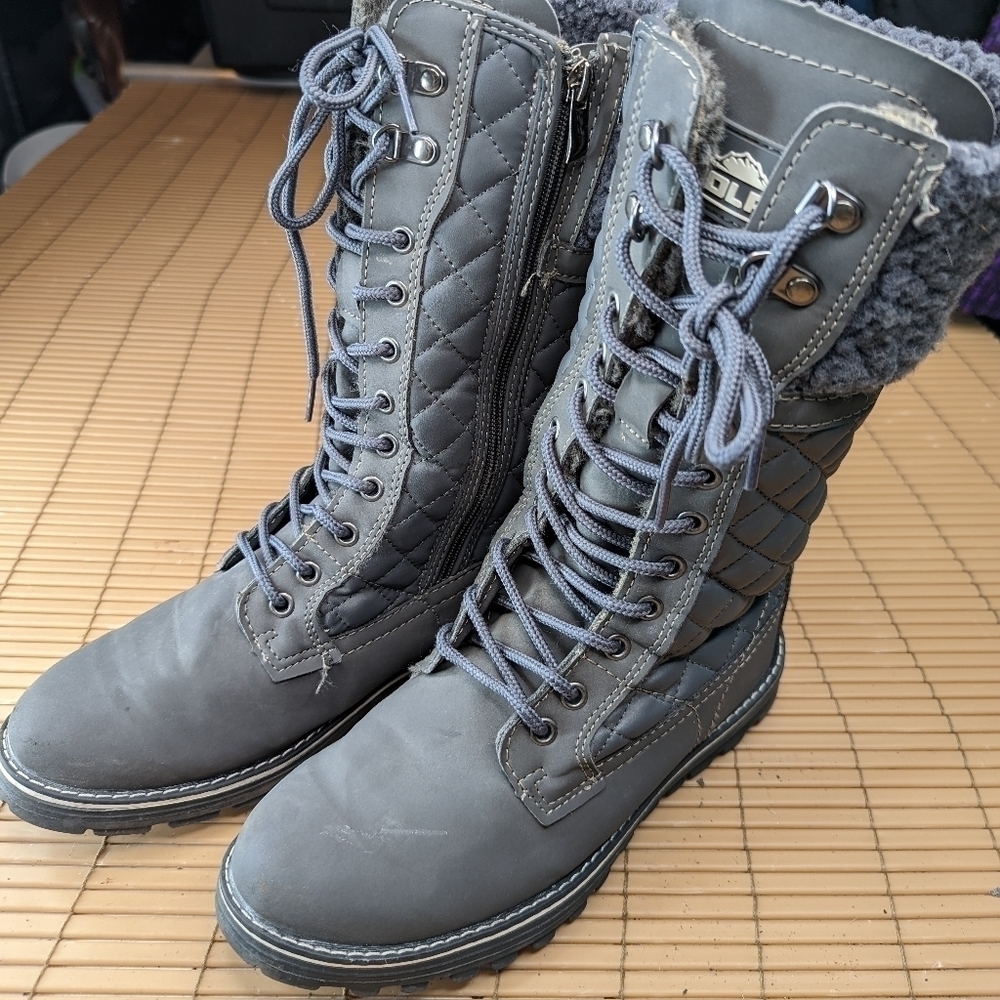 Polar Womens Lace Up Faux Fur lined and trim Mid Calf Waterproof Grey Winter Boo